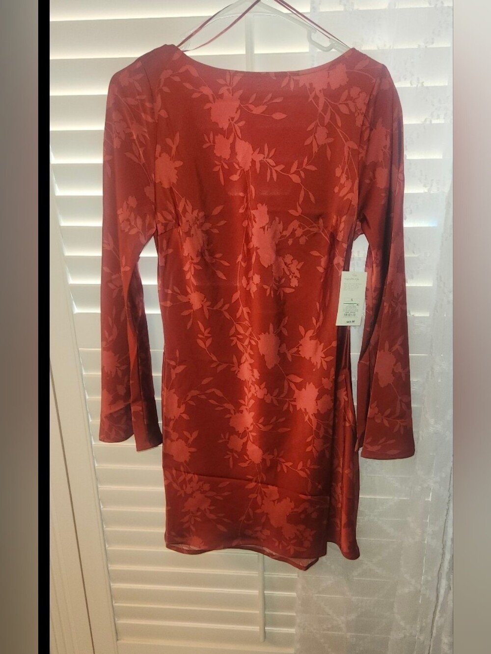 a new day Red Floral Satin Long-Sleeve Shift Dress